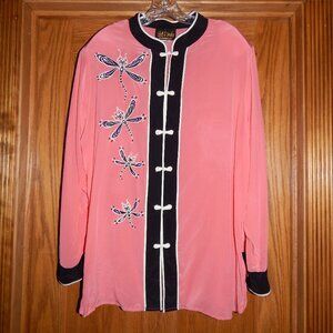 Bob Mackie Wearable Art DRAGONFLY Women's Size 1X Silk Kimono Style Top Blouse